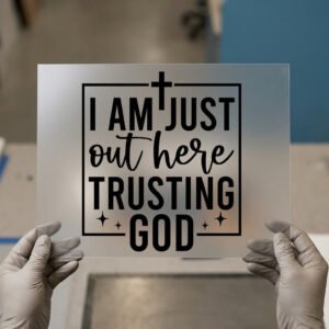 I Am Just Out Here Trusting God — DTF transfer, dark ink I Am Just Out Here Trusting God